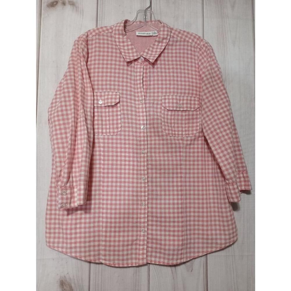 St. John's Bay Ladies Extra‎ Large Peach White Gingham Button Down